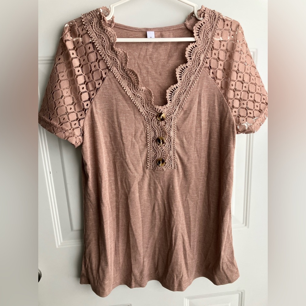 Ribbed crochet eyelet detailed lace button down shirt brown medium